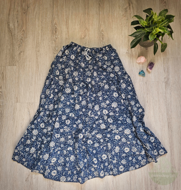 Langer Boho Rock Damen – Maxirock mit Blumenmuster in Dunkelblau & Weiß - Design nr 10