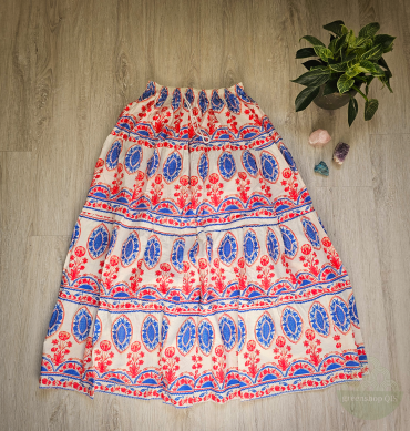 Boho Maxirock – Ethno-Muster in Rot, Blau & Creme | Luftiger Sommerrock - Design nr 12